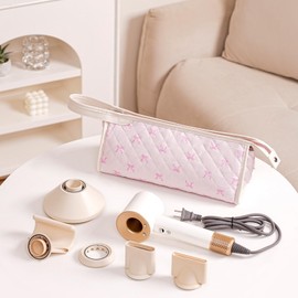 RSRSLEII Large Quilted Hair Tools Travel Bag,Aesthetic Hair Styling Accessories Storage Case for Flat Irons,Straightener,Curling Iron,Hair Dryer,Dyson Airwrap Travle Bag,Portable Organizer（03Pink Bow）