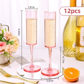 DI QIU REN 12 Pcs Pink Champagne Flutes Plastic, 6 OZ Square Pink Champagne Glasses Reusable Stemmed Wedding Champagne Flutes Unbreakable Shatterproof Wedding Toasting Flutes for Party Wedding Holiday