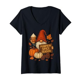 Womens Autumn Gnome Holding Pumpkin Spice Latte with Seasonal Vibes V-Neck T-Shirt