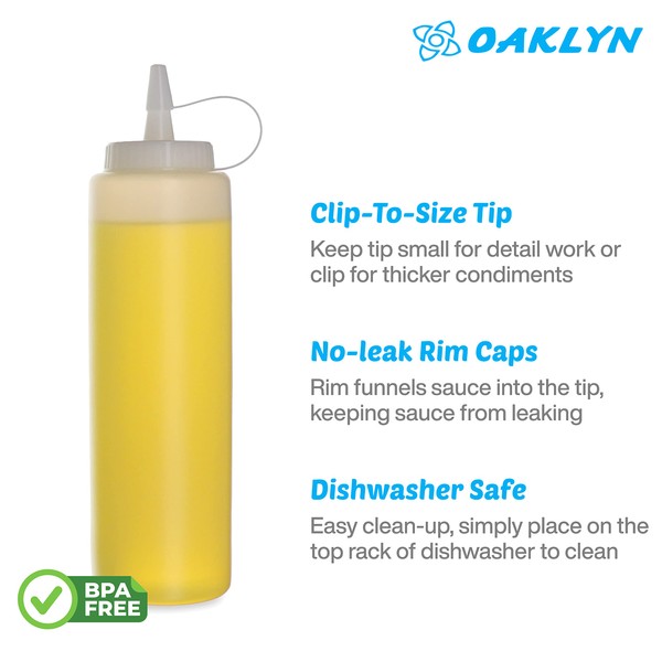 Oaklyn (6pk 12 oz Plastic Squirt Condiment Squeeze Bottles with Twist On Cap Lids - Top Mayo Hot Sauces Olive Oil Ketchup Mustard Dispensers - Bulk Clear BPA Free BBQ Condiment Set
