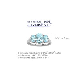 Silvershake 2.72 CTW 3 Stone Genuine Oval Shape Blue Topaz White Gold Plated 925 Sterling Silver Ring December Gemstone Birthstone Size 5, 5, Sterling Silver Rhodium (White Gold Plated), Genuine Blue