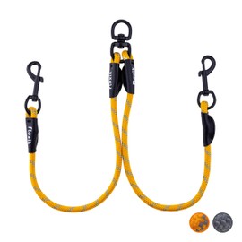 Floxik Tau Double Lead for 2 Dogs Grey/Orange - Reflective, Stretchy and Tangle-Free - Double Dog Lead for Coupling - Perfect for Small to Medium Dogs