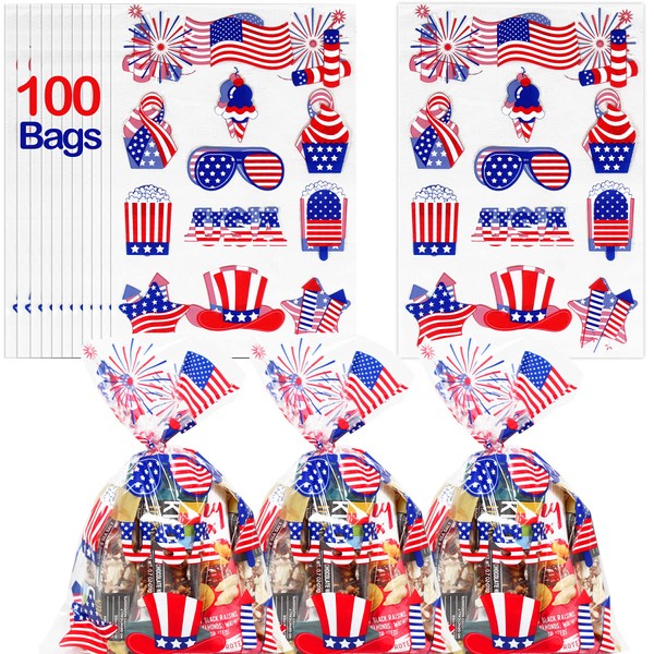 4th of July Cellophane Bags | 100 pcs (6” x 9” Inch) USA Treat Bags | 2.5 Mil Snack Bags with USA Patriotic Designs | Independence Day Cello Treat Bags| USA Game Day Party Decoration | 4th of July Party Treat Bags | By Anapoliz
