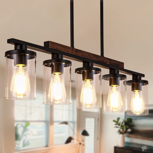 NSRCE Farmhouse Dining Room Light Fixtures Over Table, 5-Light Linear Chandelier for Kitchen Island, Natural Wood and Black Metal Finish