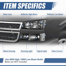 Auto Dynasty Headlights Assembly Compatible with 2003-2007 Chevy Avalanche Silverado 1500 2500 HD 3500, 4Pcs Halogen Headlamps Replacement w/Bumper Lamps, Non OE Cladding, Black Housing Clear Corner