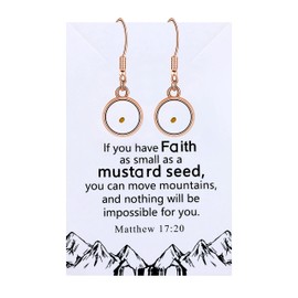 Real Mustard Seed Hook Dangle Earrings Stainless Steel Faith Religious Jewelry with Gift Box Y1564 (Rose Gold, Round)