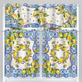 Lemon Kitchen Curtains, Yellow and Blue Mediterranean Curtain Tiers and Valances Set of 3, Hello Sunshine Summer Window Curtains Over Sink 36 inch Length, Farmhouse Seasonal Gifts for Decorations