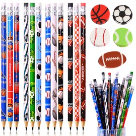 63 pcs Sports Pencils with Sports Ball Erasers, 48 pcs Funny Cute Wooden Pencils HB Drawing Pencil with 15 pcs Erasers for Kids Sport Party School Stationery Student Reward Teacher Office Supplies