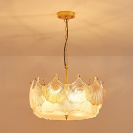 FashEase Modern Glass Drum Chandelier, Farmhouse Style for Living Room, Bedroom, Dining Room, D20in x 13-67in Adjustable Height, Gold Finish Metal Frame & Transparent Ginkgo Leaf Glass Shades