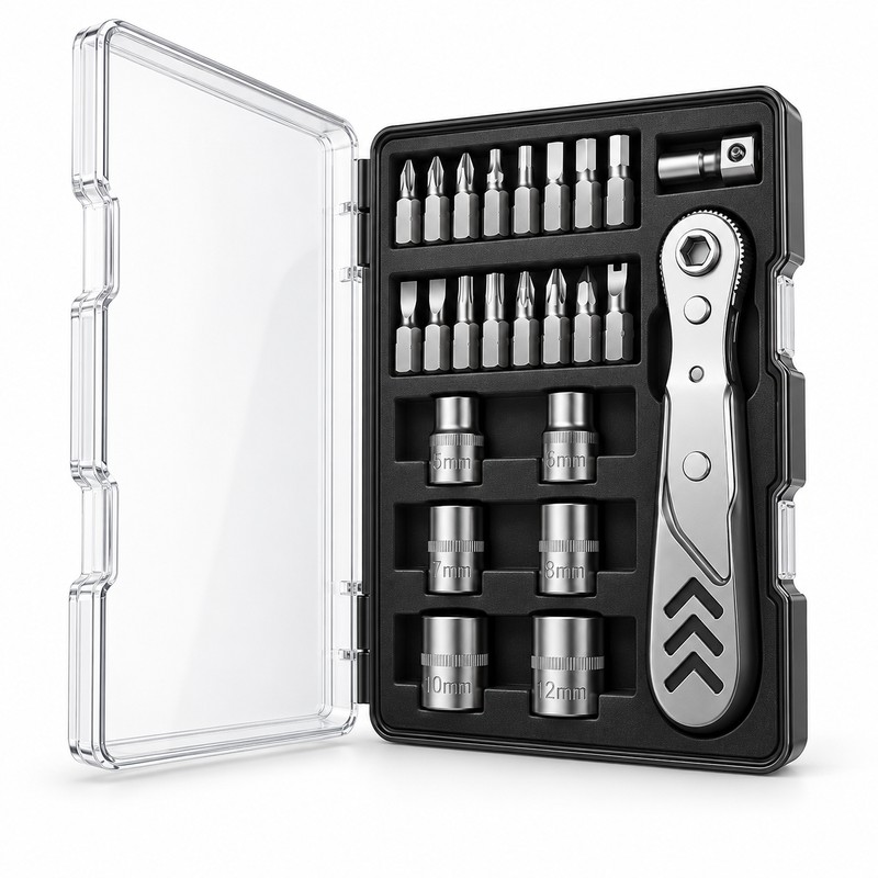 23-in-1 Right Angle Ratcheting Screwdriver Set – 36-Tooth Mini Ratchet