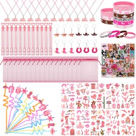 132Pcs Cowgirl Party Favors Hot Pink Horse Birthday Supplies for Girls Include Cowgirl Straws Necklace Bubble Wands Silicone Bracelet Western Tattoo Stickers for Western Party Favors Classroom Rewards