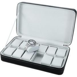 ZiaWorld 12 Slots Zipper Watch Storage Box, Fathers Day Gift, Watch Display Travel Case Oragnizer, PU Leather Rounder Corner, Removable Pillows, Luxury Watch Collection Gift for Men Women, Black