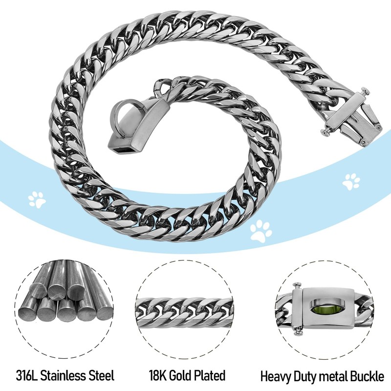 BAOBOTE Silver Chain Dog Collar,16MM 18K Heavy Duty Cuban Link