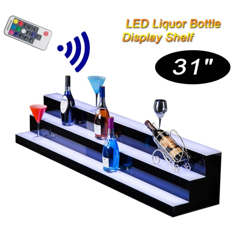 31" 3 Step Tier LED Lighted Shelves Illuminated Liquor Bottle
