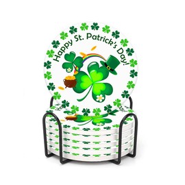 LOKMU Coasters for Drinks,Round Absorbent Ceramic Stone Coaster Sets of 6 with Metal Holder Stand,Happy St Patricks Day Coasters with Cork Base for Coffee Wooden Table,Housewarming Gifts