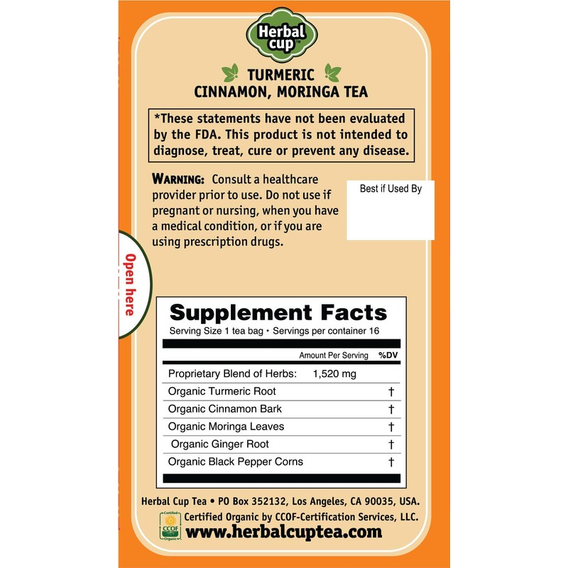 Herbal Cup Ayurveda Turmeric Tea, Organic Cinnamon Moringa, No Caffeine