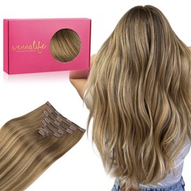 WENNALIFE Clip in Hair Extensions Real Human Hair, 14 Inch 120g 7pcs Human Hair Extensions Clip In Human Hair, Balayage Chestnut Brown Mixed Dirty Blonde Hair Extensions Clip In Real Hair Remy Human