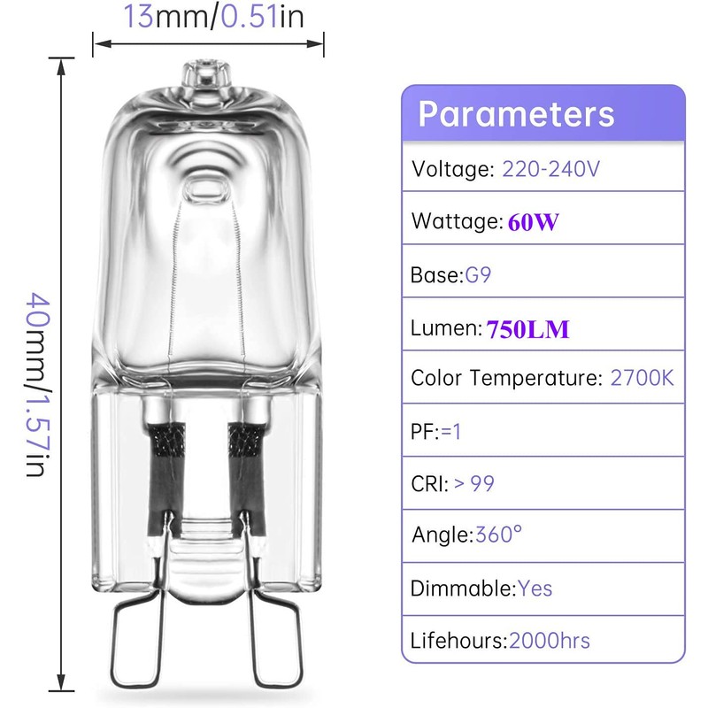 RuLEDne G9 Halogen Bulbs 60W 2800K Warm White 750lm Clear