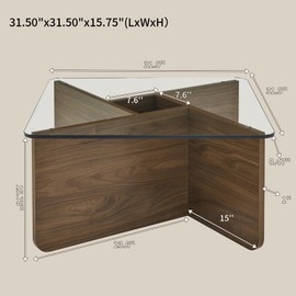 LKTART 31.5" Glass Coffee Table, MDF Mid-Century Modern Square Coffee Table with Tempered Glass Top, Square Center Tables for Small Space Living Room Office Apartment, Walnut