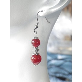Stainless steel necklace and earrings set with red carnelian beads and Tibetan beads pendant