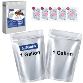 LinsKind 50Pcs Mylar Bags 1 Gallon, 10"x14"Mylar Bags with Oxygen Absorbers (50x500cc) for Food Storage, Zipper Resealable Heat Sealable Bag, Stand-up Smell Proof Large Mylar Bag with Labels