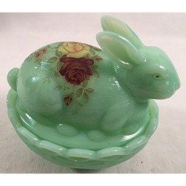 Bunny - Covered Easter Rabbit on Dish - Handpainted & Decorated - Rosso Exclusives - American Made - Mosser Glass USA (Jade w/Yellow & Red Roses)