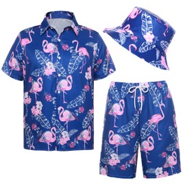Joyesplay Hawaii Shirt Men 3 Pieces Hawaii Outfit Men's with Flamingo Shirt Shorts Fishing Hat Hawaiian Shirts for Summer Beach Shirt Pool Party, Blue 01, L