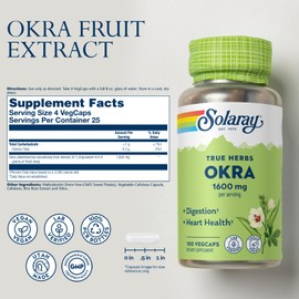 SOLARAY Okra Fruit 1600 mg - High Fiber Supplement for Wellness Support - Rich Source of Soluble Fiber - Equivalent of 6.4 g Fresh Okra per Serving, Vegan, 60-Day Guarantee - 25 Servings, 100 VegCaps