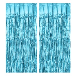 sourcing map 2 Pcs Light Blue Foil Curtain Backdrop,3.3ft x 8.2ft Tinsel Foil Fringe Curtain Door Streamer for Birthday Graduation Engagement Party Decorations