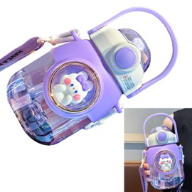 Alomejor Cute Cartoon Water Bottle with Straw, 820 ml, Large Capacity for School Travel, Made of High Quality Plastic (Purple)