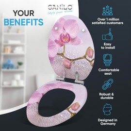 SANILO Wooden Toilet Seat with Soft Close [ELONGATED] - Decorative, Quiet & Slow Close Molded Wood Seat - With Strong Bumpers & Hinges - Adjustable Fit - Blooming