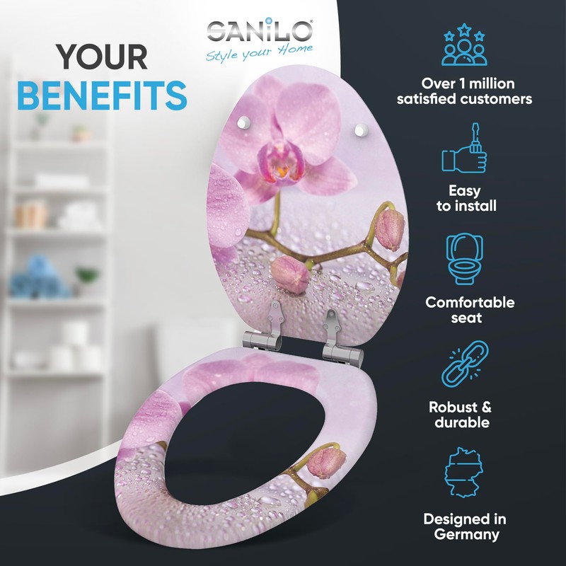 SANILO Wooden Toilet Seat with Soft Close [ELONGATED] - Decorative,