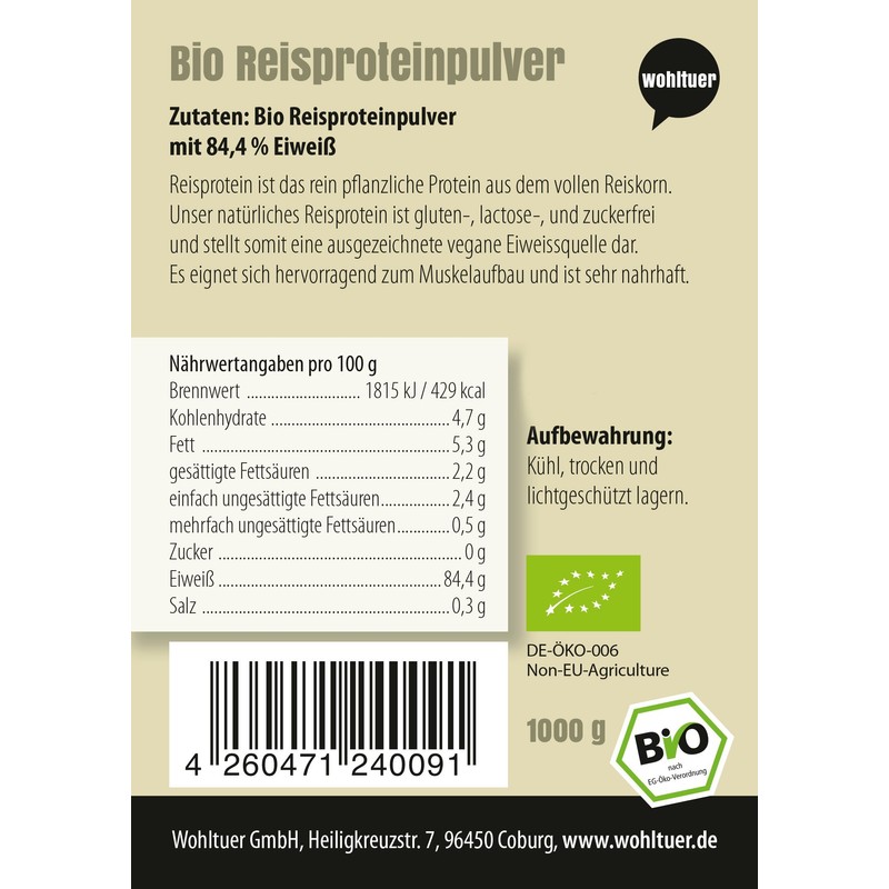 Wohltuer Organic Rice Protein 1000 g, Vegetable Protein Powder, 84.4%