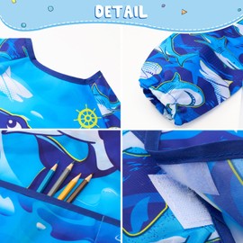Shark Toddler Smock - Kids Art Smocks for Boys Ages 3-8 Painting Artist Smocks Waterproof Toddler Smocks for Painting Eating Cooking Baking Gardening Water Play Apron with Long Sleeves and 3 Pockets