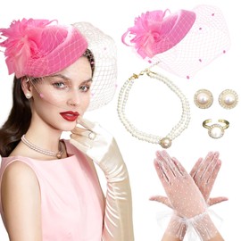 Pink Tea Party Hat Gloves Women Fascinators Hats Gloves Pearl Necklace Earrings Choker Tea Party Hat Funeral Hats for Women