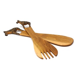Global Crafts Hand carved Mhugu Wood Salad Serving Set, Zebra, Set of 2