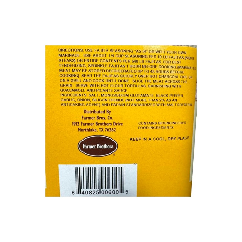 Farmer Brothers Fajita Seasoning (With Tenderizer), 9 LB Bottle