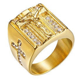 JewelryWe Mens Cross Ring Stainless Steel Gold Plated Christian Jesus Religious Rings, for Xmas