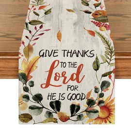 Artoid Mode Give Thanks to The Lord for He is Good Leaves Thanksgiving Table Runner, Fall Harvest Holiday Kitchen Dining Table Decoration for Indoor Outdoor Home Party Decor 13 x 36 Inch