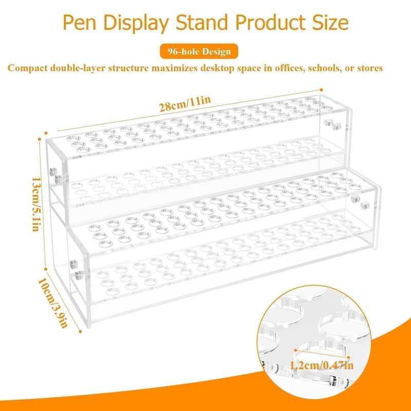 96-Slots Pen Display Stand,2-Tier Acrylic Pen Holder for Craft Shows,12mm