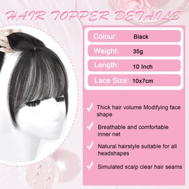 Hair Toppers for Women Real Human Hair Upgrade Base Seamless 360°3D Cover Topper for Women with Thinning Crown Wispy Clip in Bangs Realistic Scalp Line HairPieces Natural Black