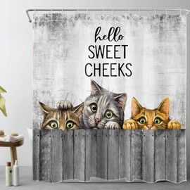 LB Cat Shower Curtain, Cute Funny Animal Cat Shower Curtains for Bathroom Hello Sweet Cheeks Farmhouse Bathroom Decor with Hooks, Durable Polyester Fabric Bathroom Curtain 72x72 Inches