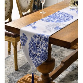 Blue and White Floral Table Runners with Tassel, Handcrafted Reversible 90 inches Long tablecloth Navy Royal Blue Silk Chinoiserie Vintage Style Table Runner for Dining Coffee Table Decoration
