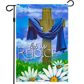 G128 - Let Us Rejoice Easter Christian Religious Cross Garden Flag, Rustic Holiday Seasonal Outdoor Flag 12" x 18”