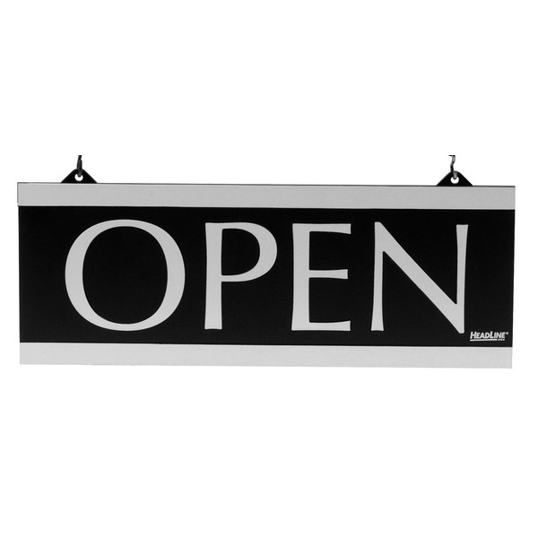 Headline Sign - Century Series 2-Sided Reversible "Open" / "Closed" Sign with Hanging Holes, Suction Mount, 13" x 5", Black and Silver (4246)