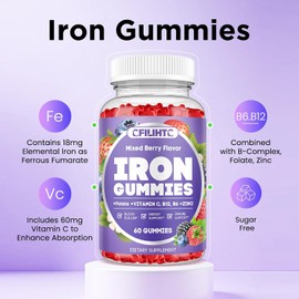 CFILIHTC Gomitas de hierro para mujeres y hombres: suplemento de hierro con vitaminas B6, B12, C, zinc y folato para adultos y niños. Ayuda a combatir la deficiencia de hierro, la anemia y aporta ener