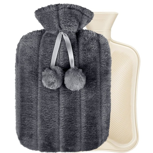 Hot Water Bottles with Cover, 2L Natural Rubber Hot Water Bottle with Faux Fur Pom Fleece, Grey Hot Water Bag for Pain Relief, Safe & Leak-Proof, Ideal for Hot and Cold Compresses (Grey, 2 Litres)