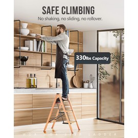 WOA WOA 3 Step Ladder, Foldable Step Stool, Aluminum Lightweight Ladder for Home Kitchen Closet, Anti-Slip Pedals, Ease of Folding, Portable, 300lbs Capacity - Wood Grain