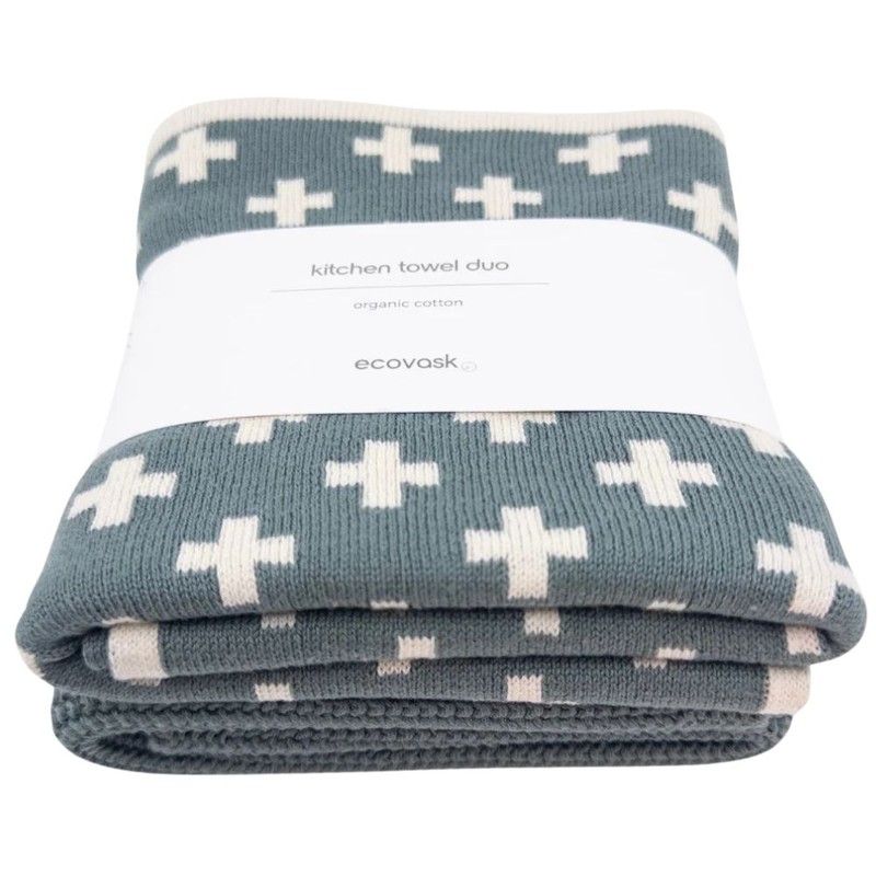 Ecovask Kitchen Towel Duo Organic Cotton, Check Navy Denim