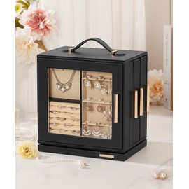 Homde Christmas Gifts Jewelry Box 360° Rotating, Necklace Earring Organizer with Transparent Window, Mirror, 7 Drawers, Large Ring Display Storage Case for Girls Women (Black)